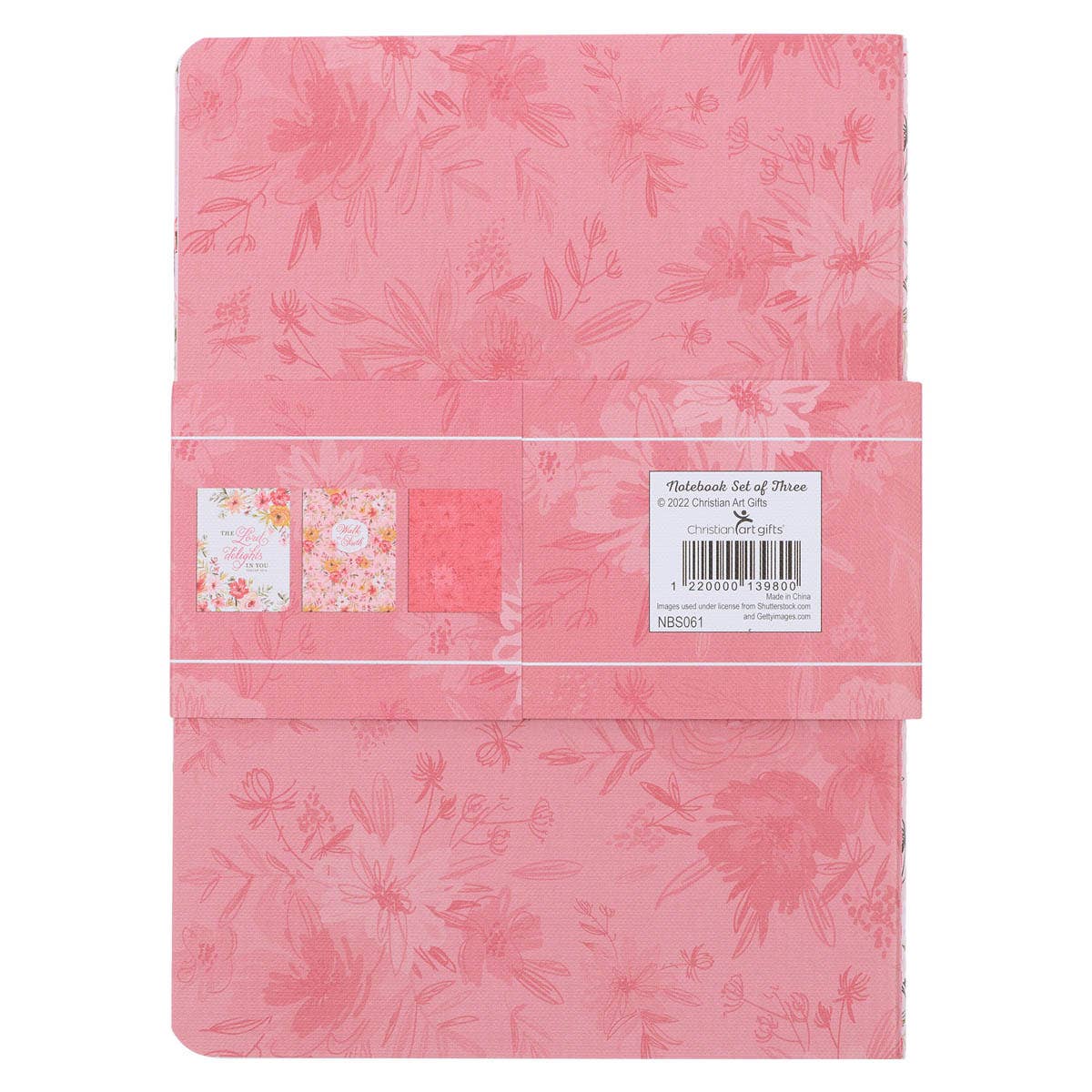 Set of three Christian-themed notebooks in white and pink featuring Isa. 62:4 and 2 Cor. 5:7 Bible verses, by Christian Art Gifts