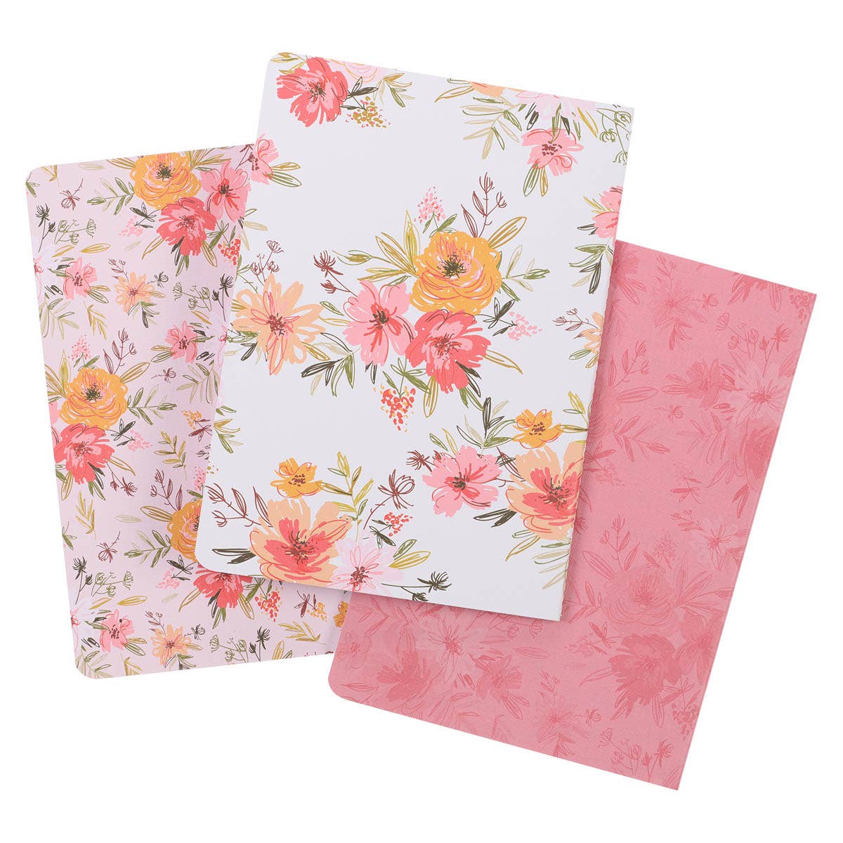 Set of three Christian-themed notebooks with white and pink covers featuring Isa. 62:4 and 2 Cor. 5:7 scripture quotes, by Christian Art Gifts.