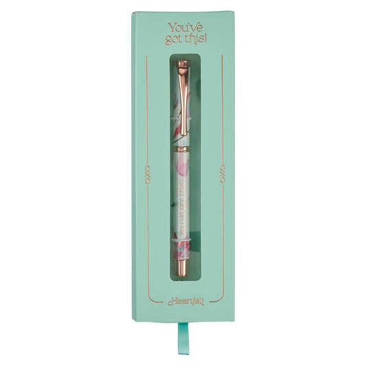 Pink floral pen from Christian Art Gifts in a gift box, featuring "Got This" message and petal design, perfect for gifting or personal use.