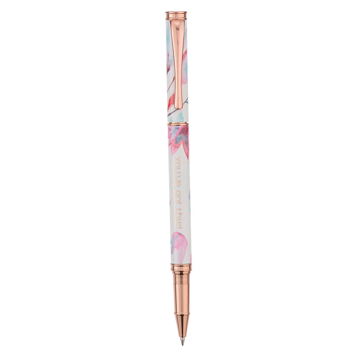 Pink Petals Christian Art Gifts pen in a gift box with floral design and the phrase "Got This" on the pen.
