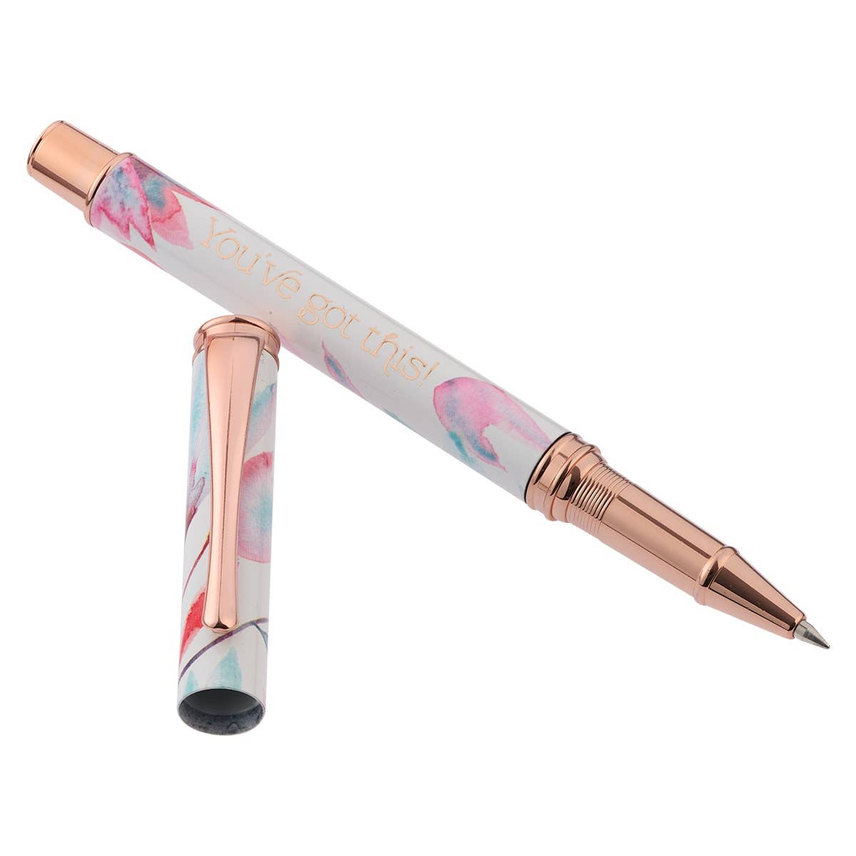 Pink petal-themed Christian Art Gifts pen in a gift box, featuring elegant floral design and "Got This" inscription.