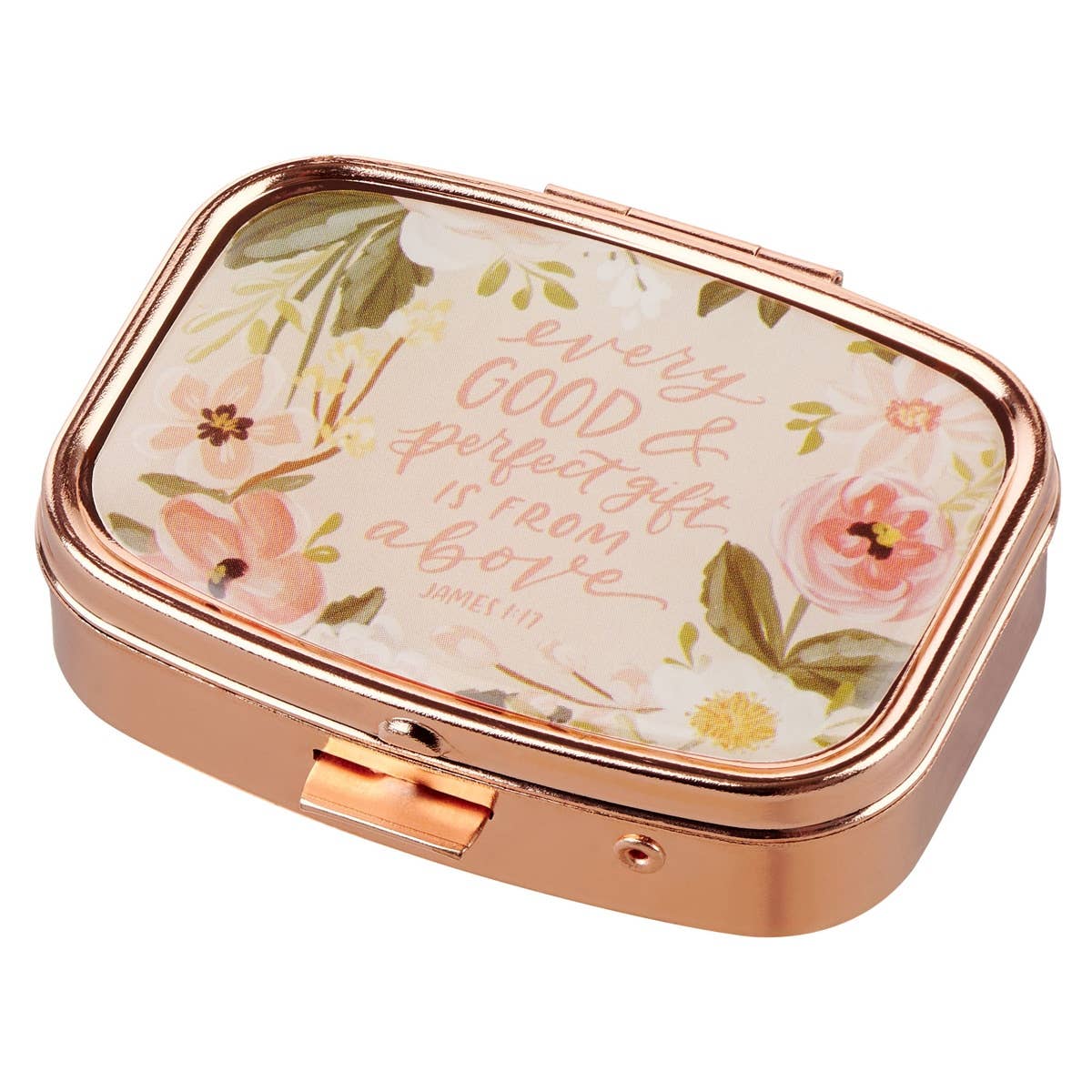 Christian Art Gifts pill case with "Every Good & Perfect Gift" James 1:17 inscription, compact and portable for daily use.
