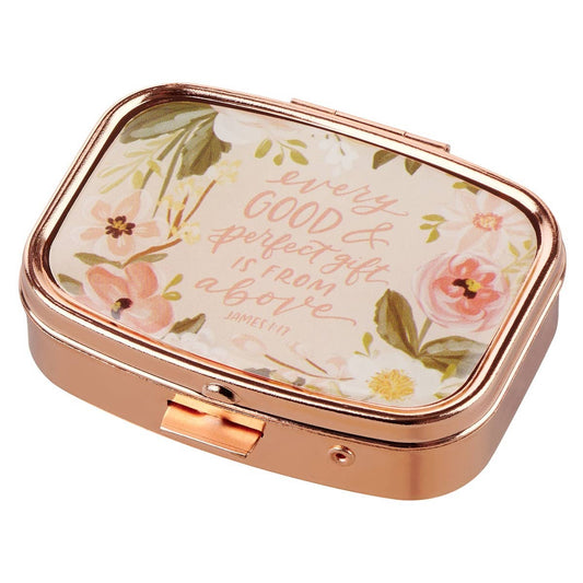 Christian Art Gifts pill case with "Every Good & Perfect Gift" James 1:17 inscription, compact and portable for daily use.
