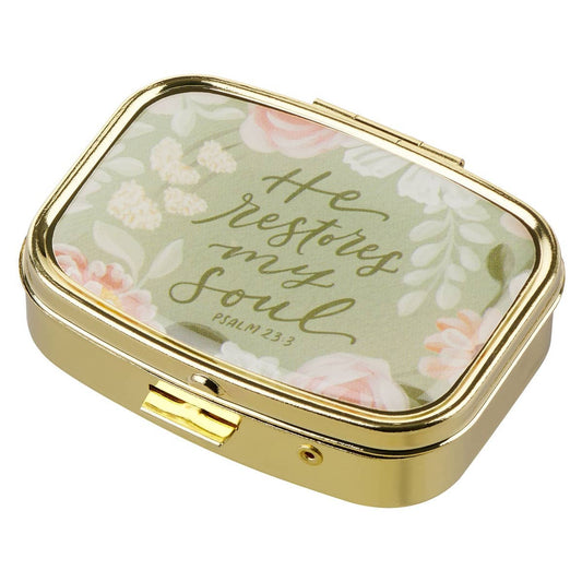Christian Art Gifts Pill Case with Psalm 23:3 inscription, portable storage for medication or supplements, with a spiritual design.