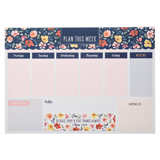 Undated weekly planner by Christian Art Gifts featuring Bible verse 1 Thessalonians 5:16-18 with colorful floral design