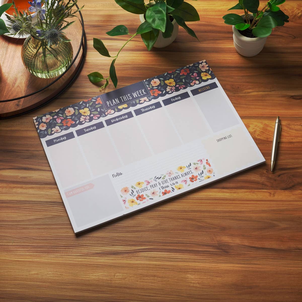 Undated weekly planner with Christian Bible verse design, featuring "Rejoice Always" and 1 Thessalonians 5:16-18 on the cover.