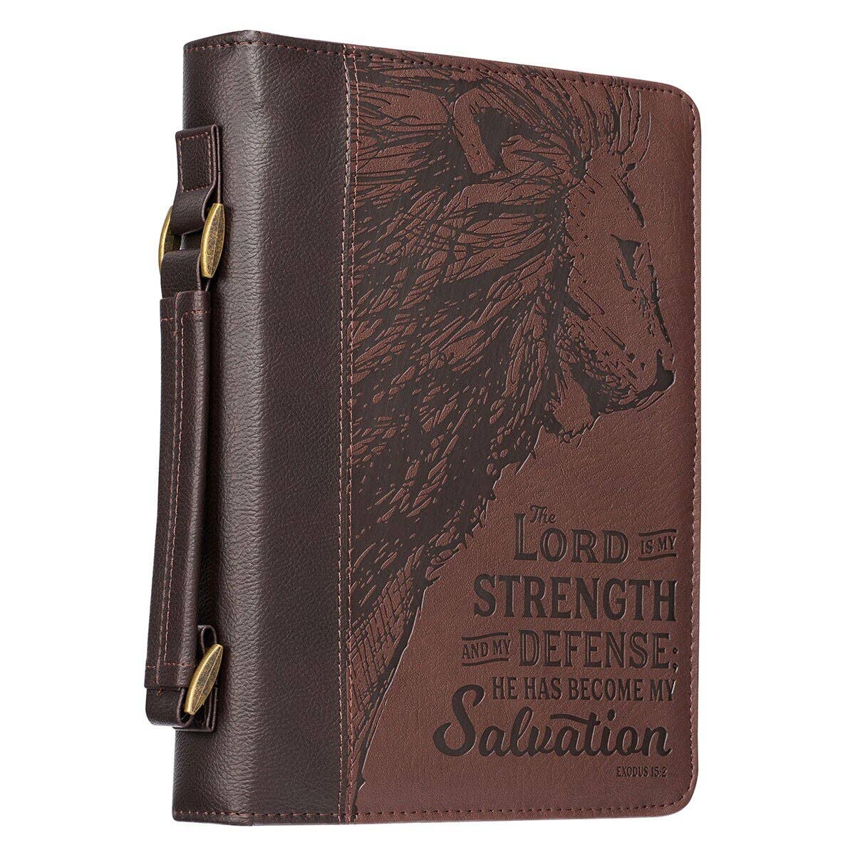 Christian Art Gifts Bible cover in two-tone design with "Lord is My Strength" Ex. 15:2 inscription, durable and stylish for Bible protection.