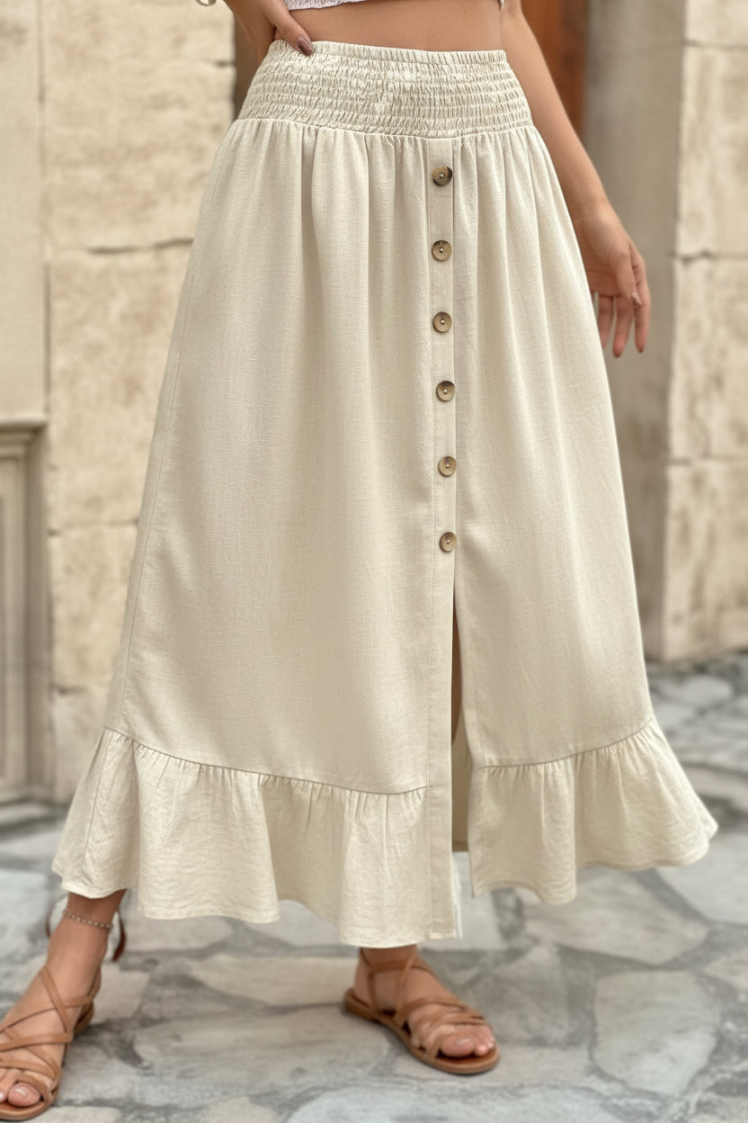 Apricot CSB Private Label drawstring waist button split skirt, front view showing flowy fabric and stylish design.