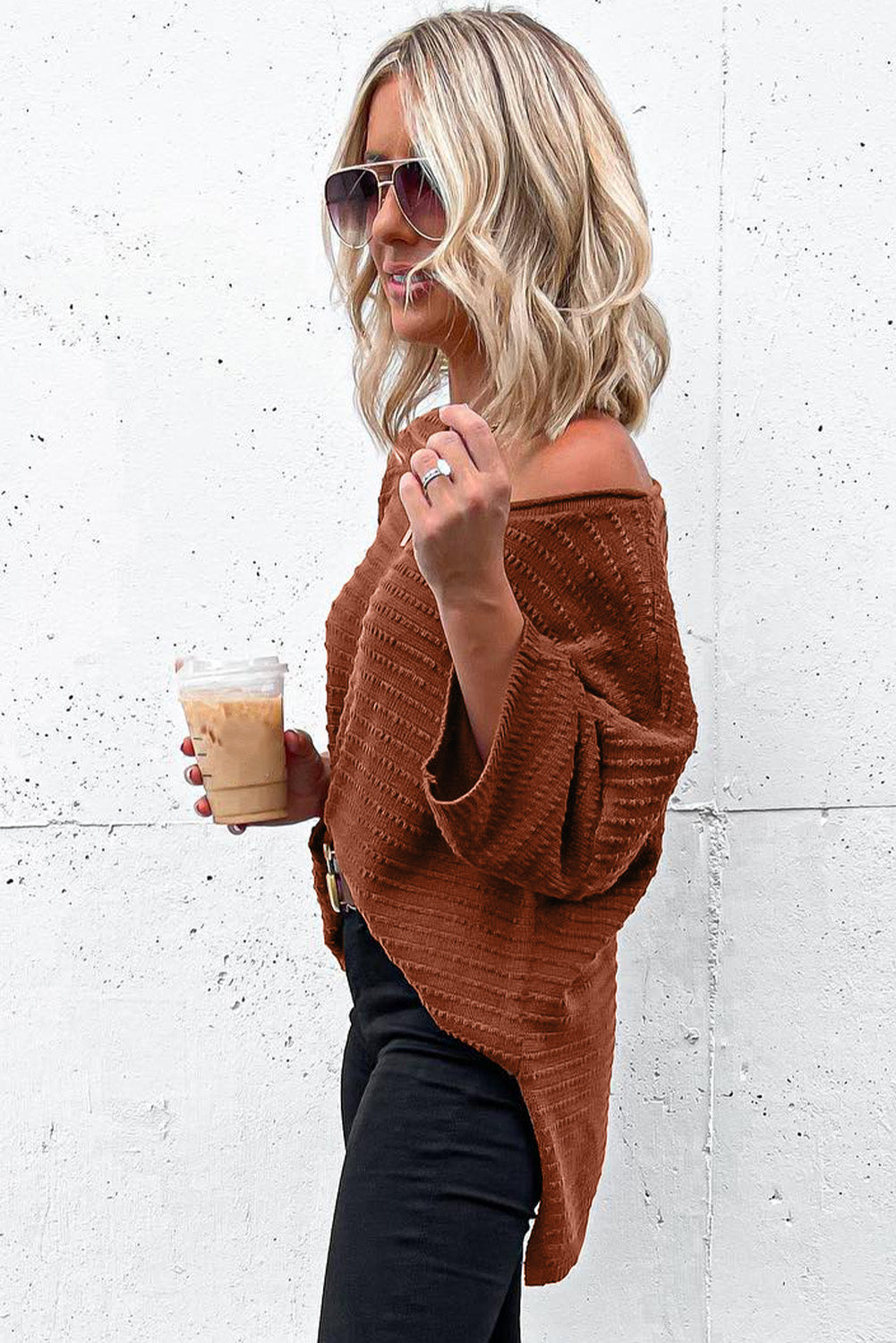 Brown solid color rib-knot drop sleeve top with slide slits from CSB Private Label, featuring a stylish and comfortable design.