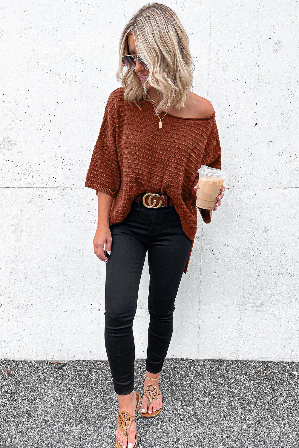 Brown solid rib-knot drop sleeve top with slide slits from CSB Private Label, featuring a stylish, relaxed fit and unique sleeve design.