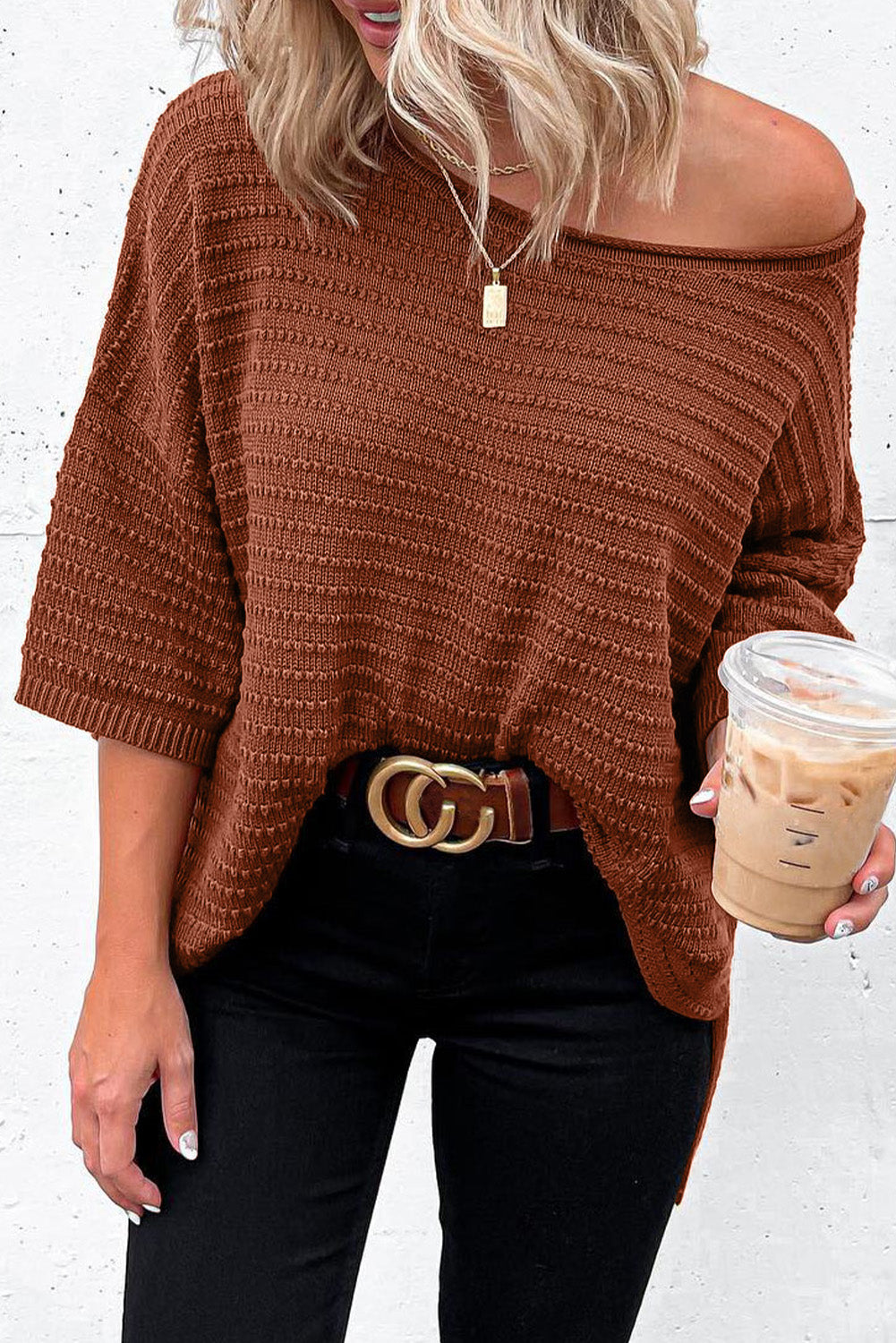 Brown rib-knit drop sleeve top with side slits and knot detail, from CSB Private Label.