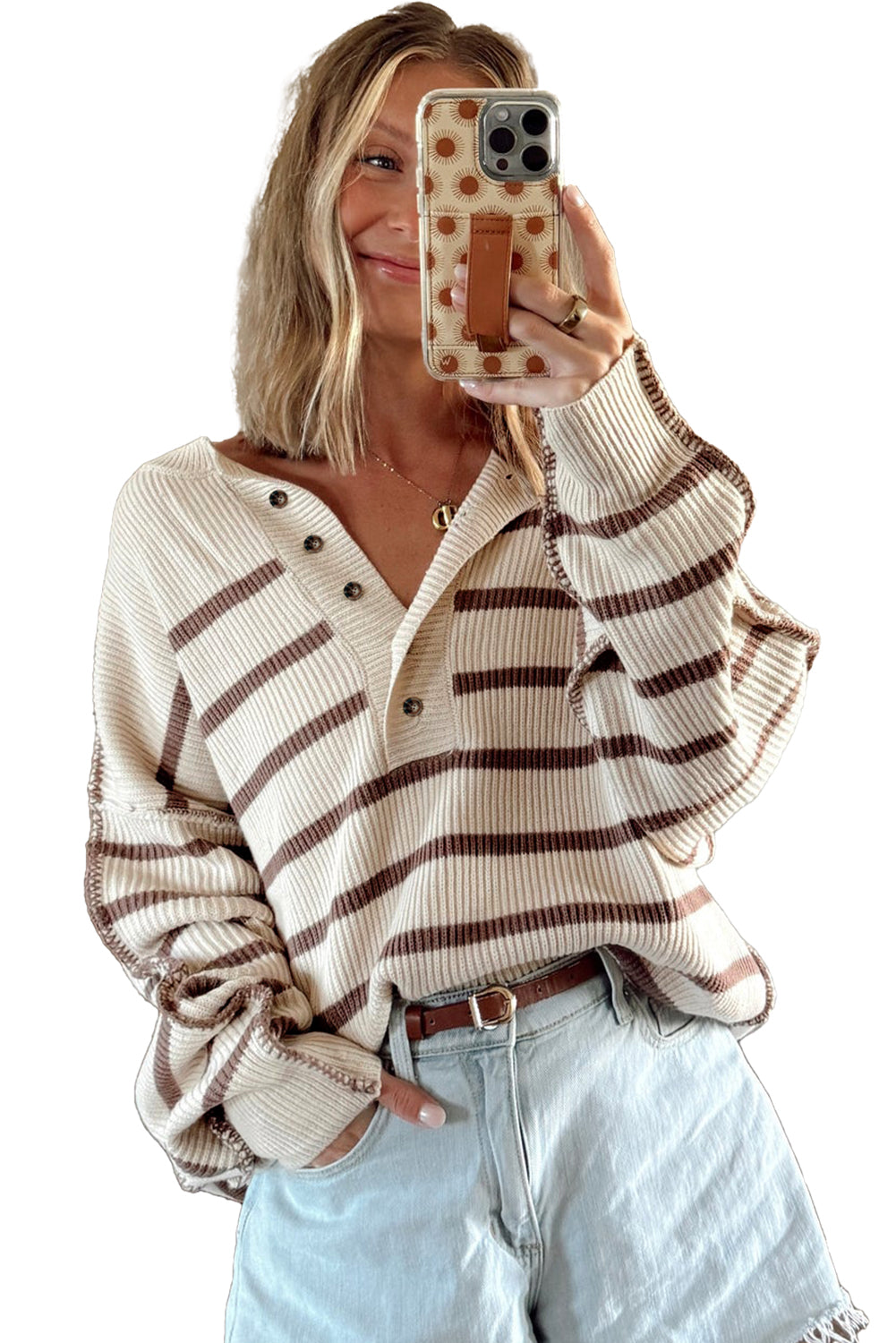 Brown striped Henley sweater from CSB Private Label featuring a classic knit design and buttoned neckline.