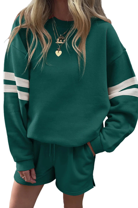 CSB Private Label evergreen sweatshirt and shorts set displayed on a model, casual loungewear with comfortable fit.