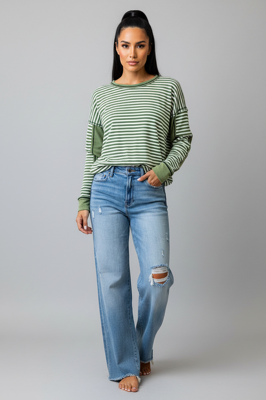 Green stripe long sleeve T-shirt by CSB Private Label, featuring a comfortable fit and casual style.