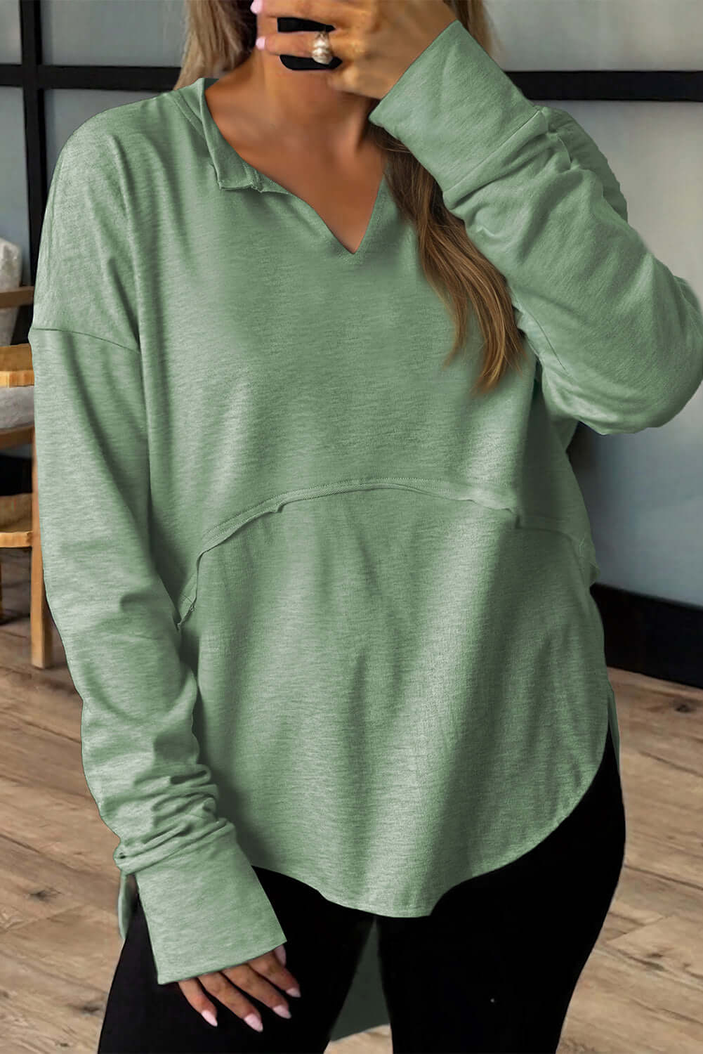 Green Terry Long Sleeve Top by CSB Private Label featuring a comfortable, casual long sleeve design with soft terry fabric.