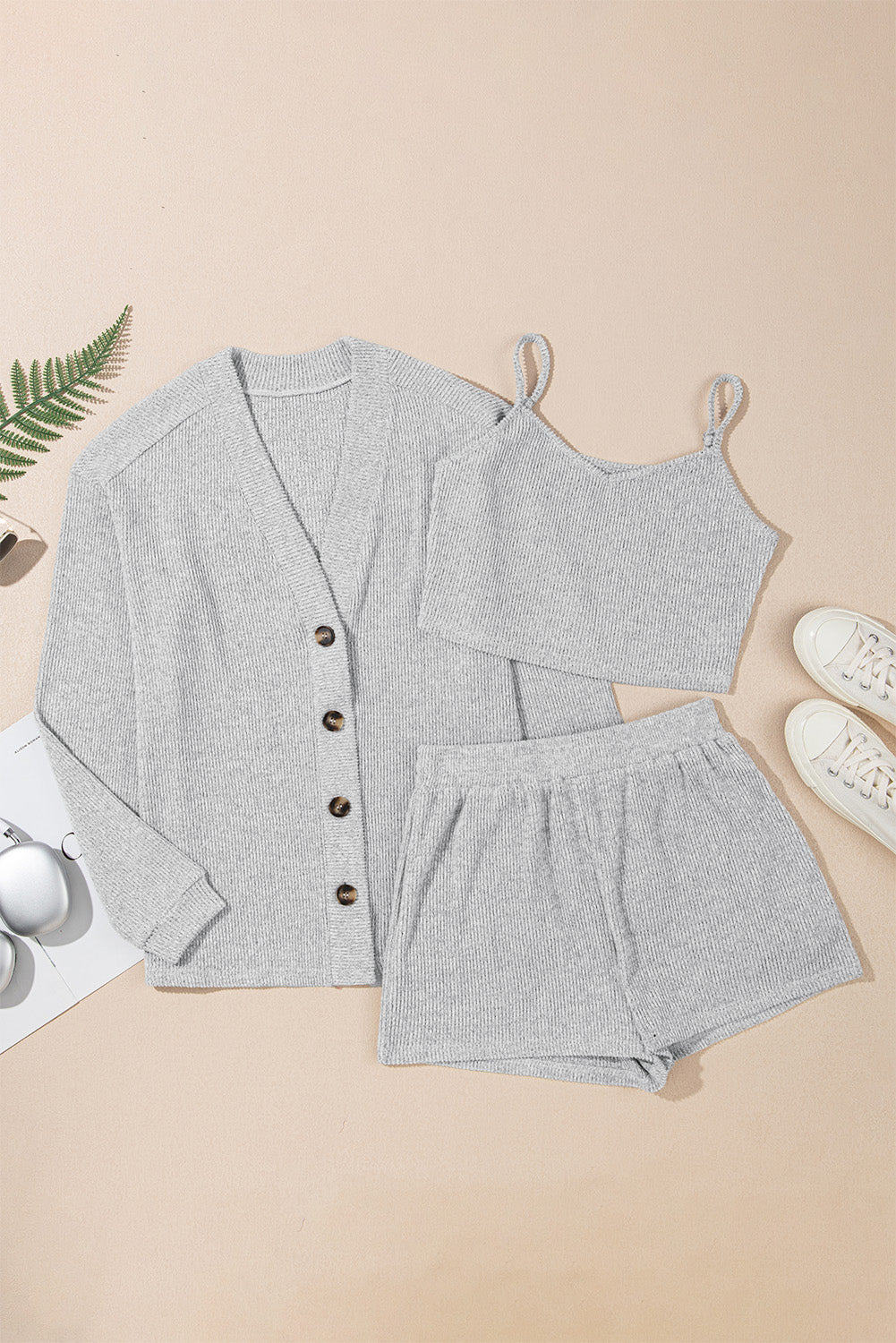 Grey 3-piece sleepwear set by CSB Private Label featuring comfortable, soft fabric and relaxed fit for cozy nights.
