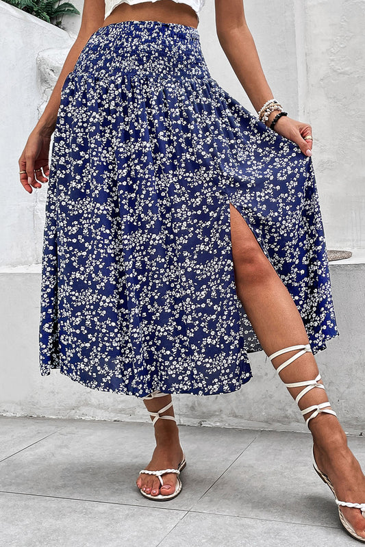 Navy blue and white floral skirt by CSB Private Label featuring a flowy design and elegant pattern.
