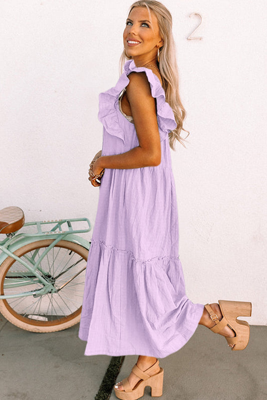 Purple ruffled flutter sleeve square neck textured tiered maxi dress by CSB Private Label, featuring flowing fabric and tiered design.