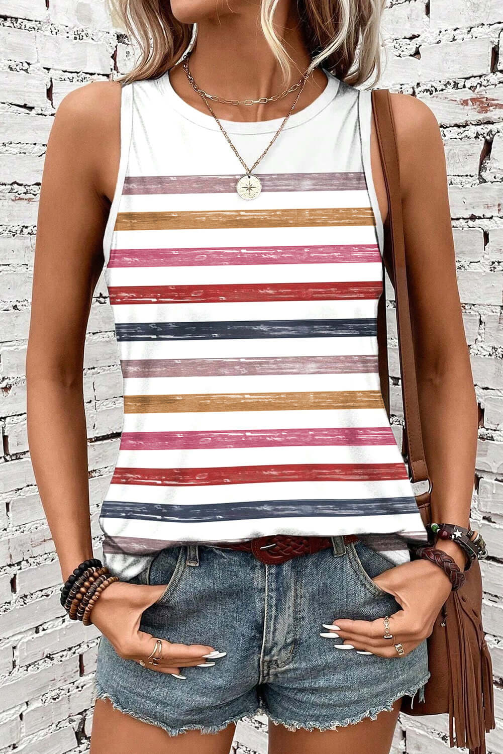 Red rainbow striped round neck tank top by CSB Private Label, showing the colorful, fitted sleeveless shirt on a plain background