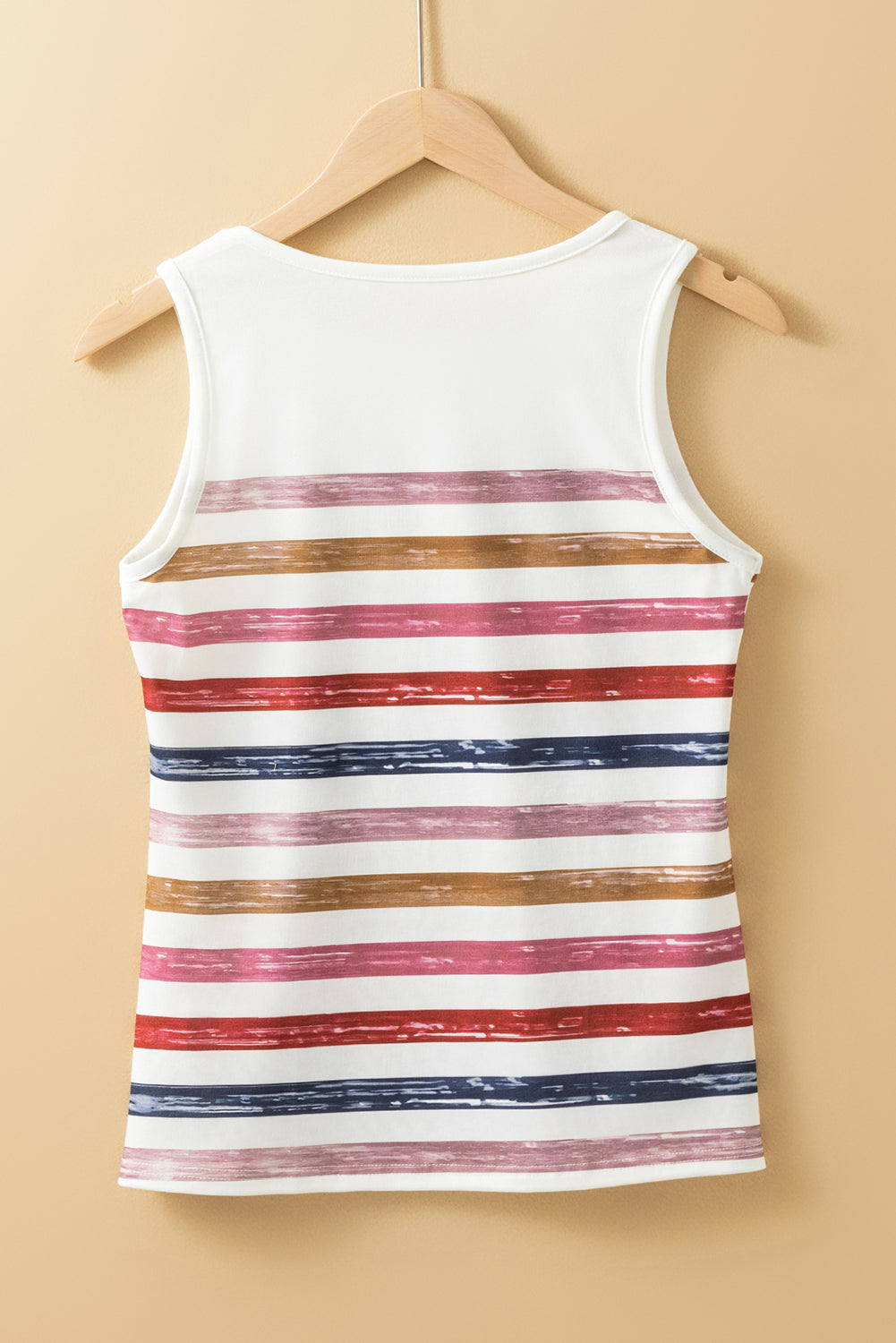 Red rainbow striped round neck tank top by CSB Private Label, casual sleeveless top with vibrant colorful stripes.