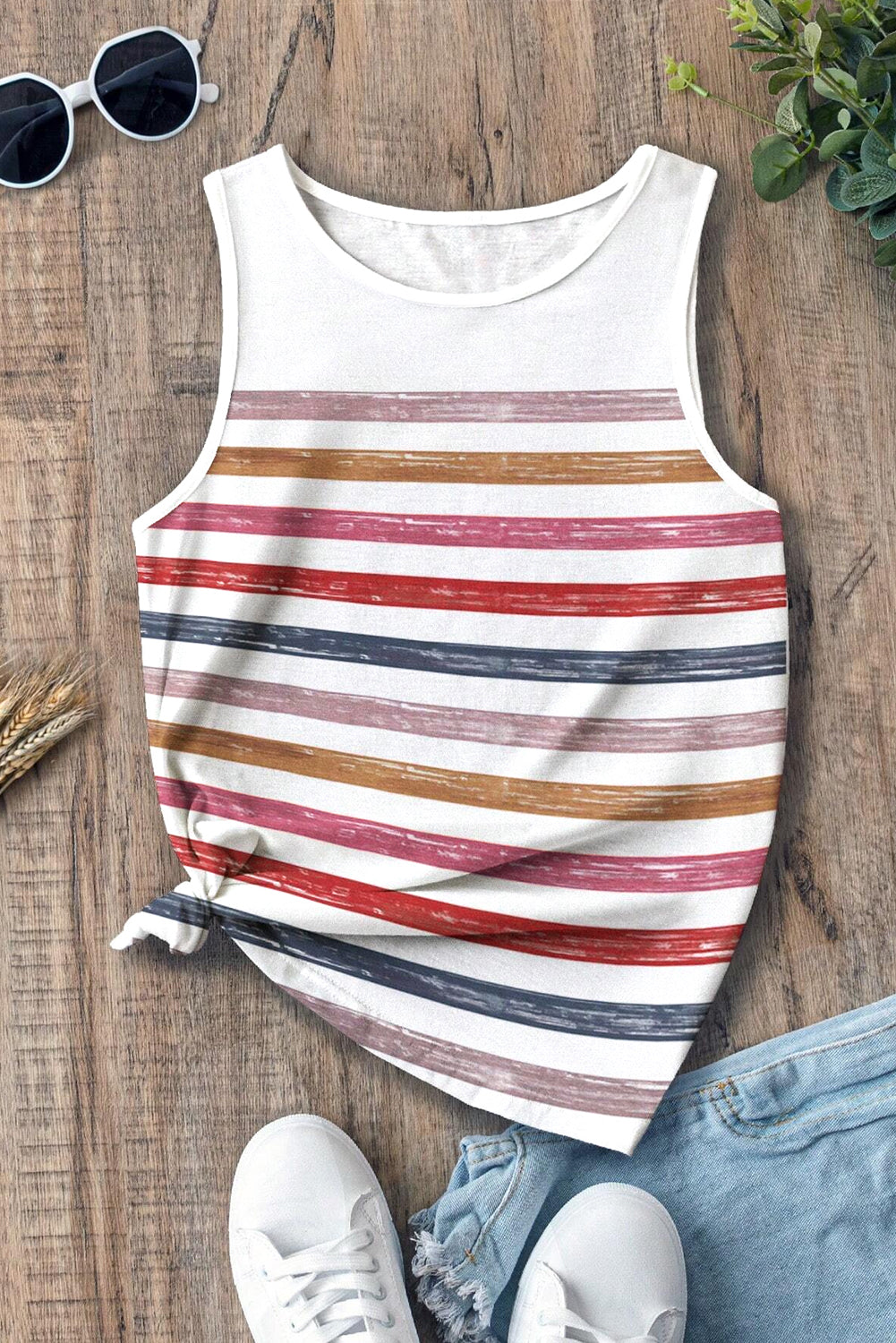 Red rainbow striped round neck tank top by CSB Private Label, featuring colorful horizontal stripes and a casual fit.
