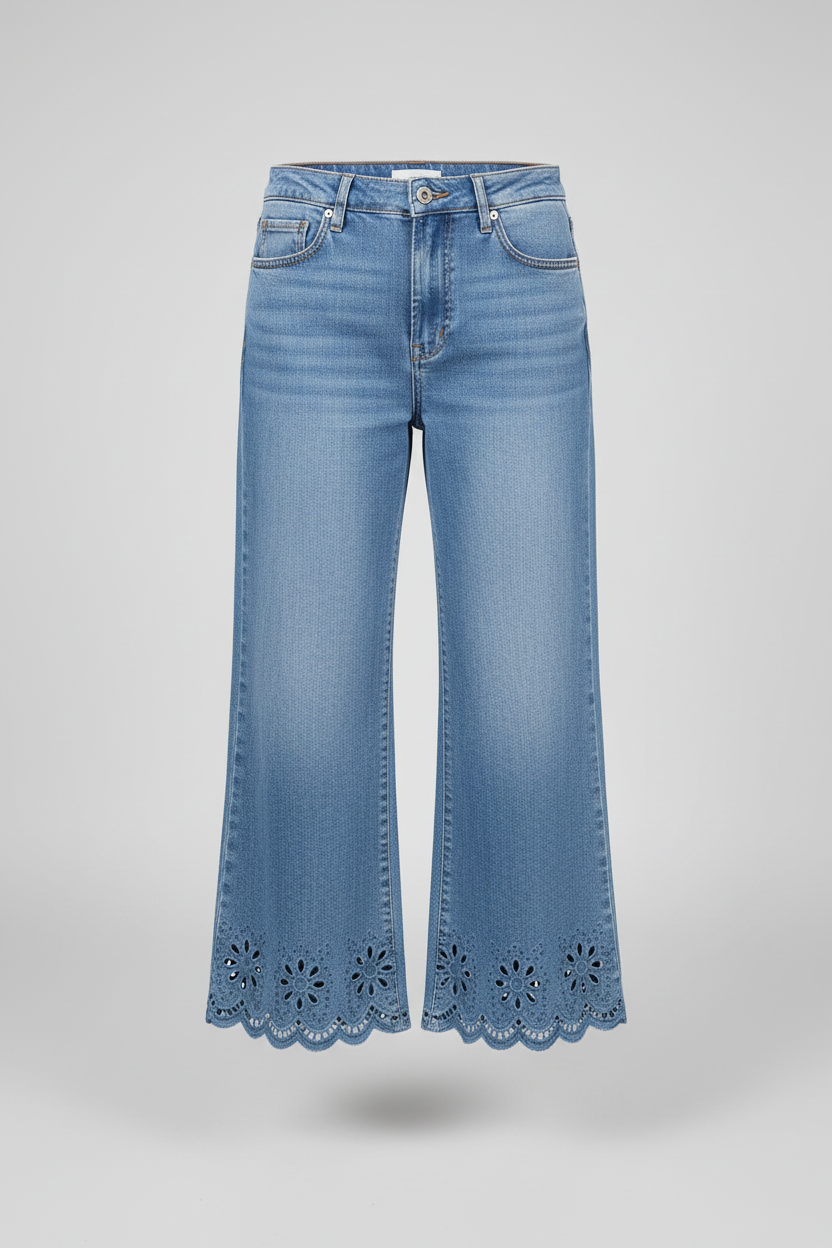 Dusk blue embroidered cropped wide-leg high waist jeans by CSB Private Label, showing detailed embroidery and relaxed fit.