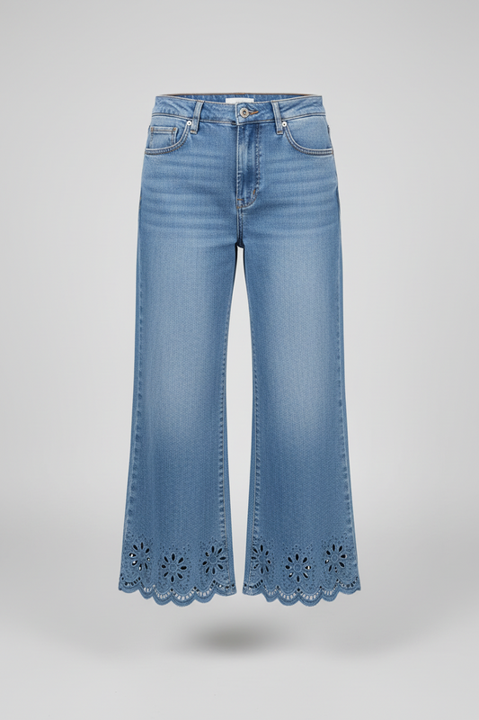 Dusk blue embroidered cropped wide-leg high waist jeans by CSB Private Label, showing detailed embroidery and relaxed fit.