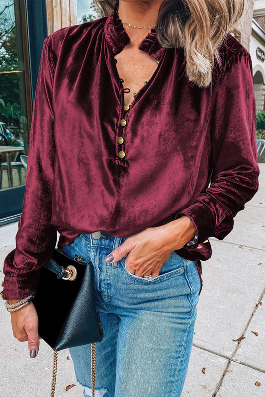 Burgundy frilled button V-neck top by CSB Private Label, featuring a stylish V-neck with frilled details and button accents.