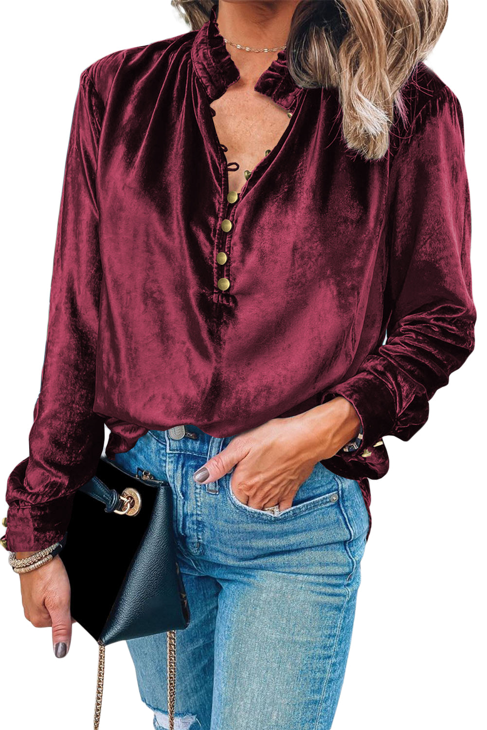 Burgundy frilled button V-neck top from CSB Private Label, featuring a stylish design and elegant neckline.