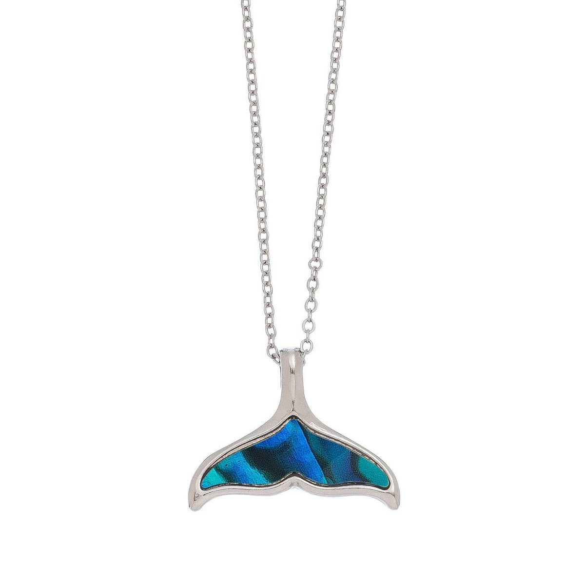 Howard's abalone shell whale tail pendant necklace featuring a colorful, polished whale tail design on a beach-inspired jewelry piece