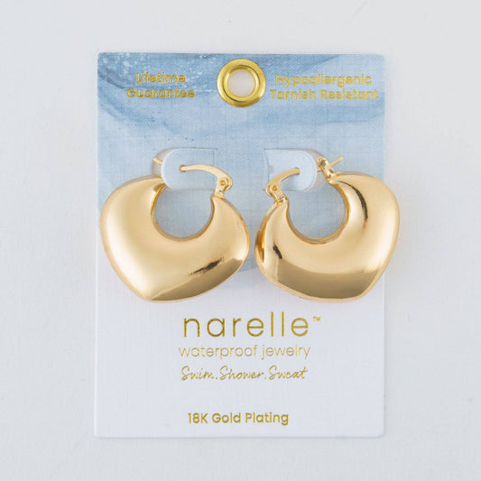 Gold hoop earrings on a Narelle branded card with gold plating information.