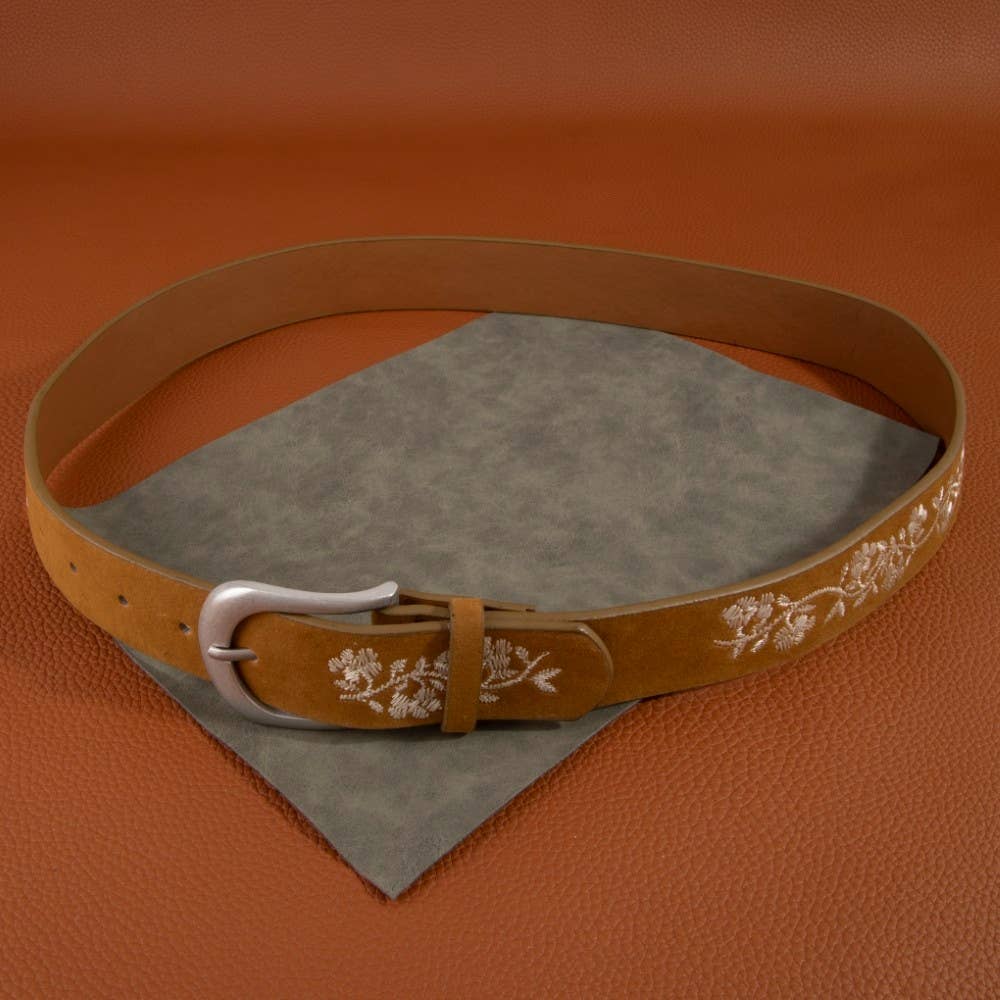 Embroidered Flower Vine Print Vegan Leather Belt
