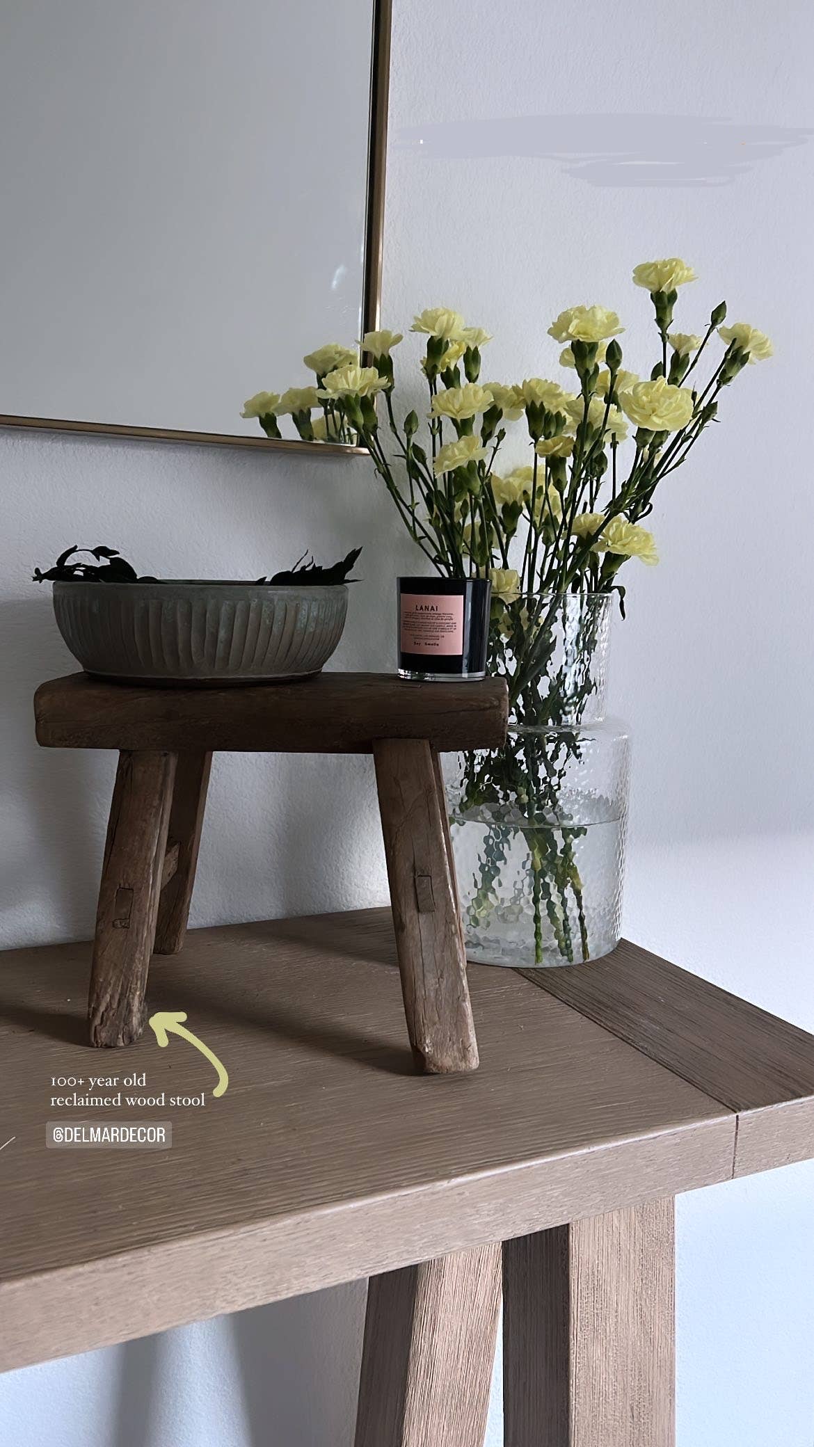 Raw Elm Wood Stool with Wabi Sabi design by Delmar Decor, showcasing natural wood grain and rustic, handcrafted craftsmanship.