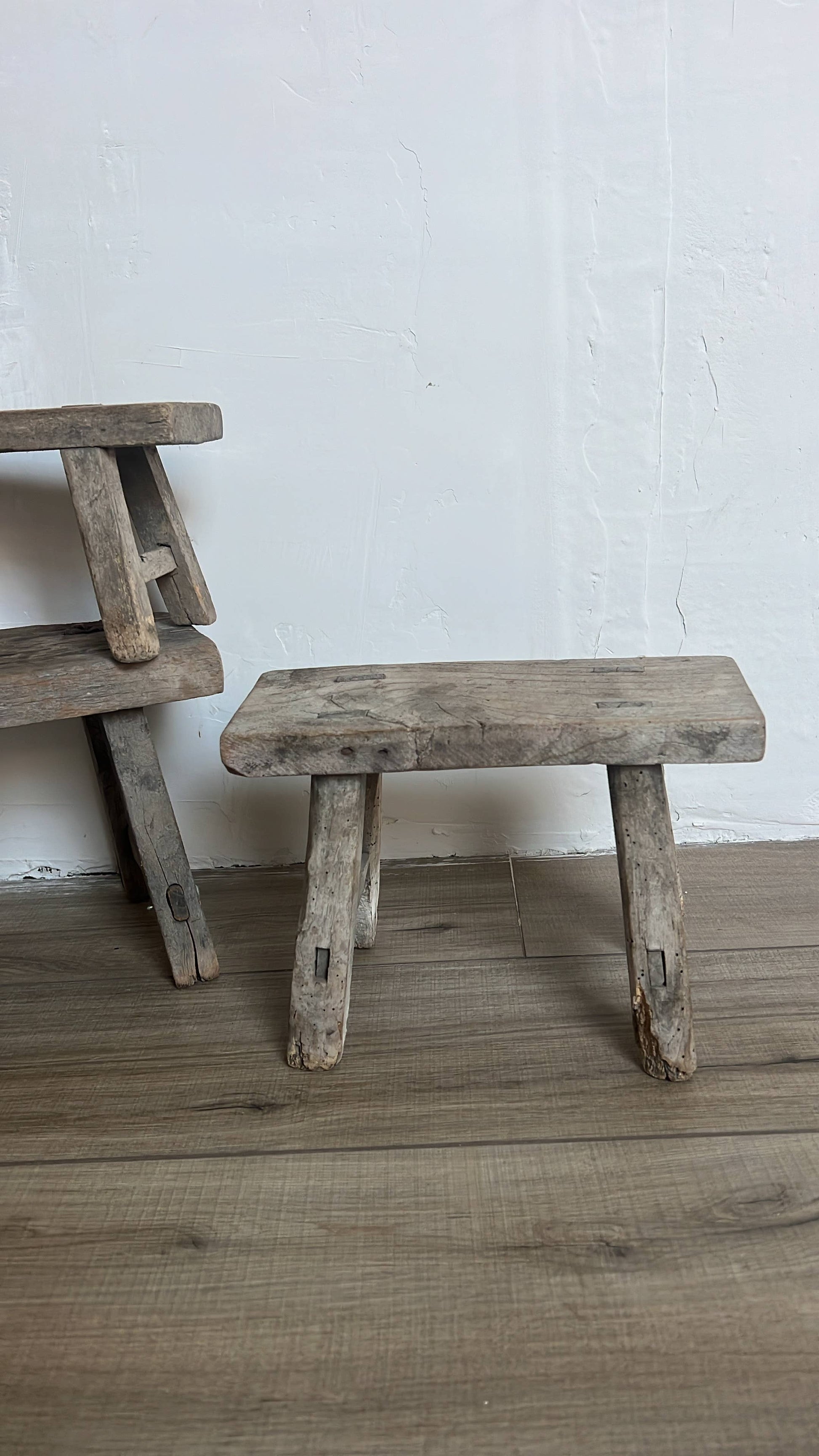 Raw Elm Wood Stool with Wabi Sabi design by Delmar Decor, showcasing the natural grain and minimalist handcrafted style.