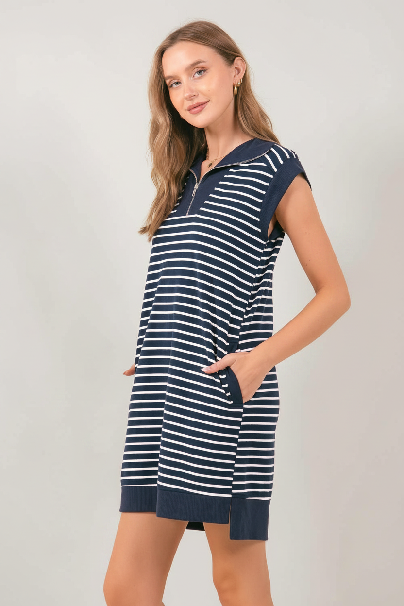 Striped mini dress with pockets by Doe and Rae, featuring a fitted silhouette and casual style perfect for everyday wear.
