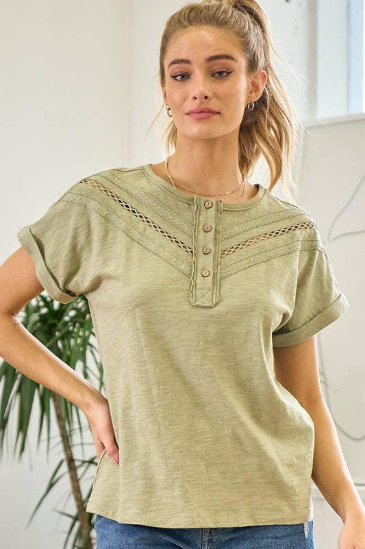 Doe and Rae Henley Dolman Short Sleeve Tee with lace trim, showing a relaxed fit and delicate lace detail on the sleeves.