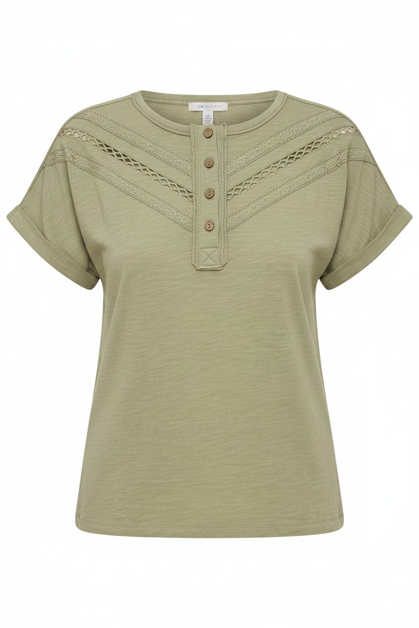 Doe and Rae Henley Dolman Short Sleeve Tee with lace trim, featuring a relaxed fit and stylish lace accents on the sleeves.