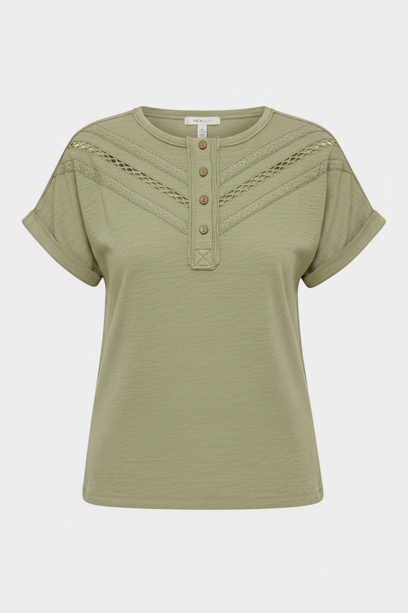 Doe and Rae Henley Dolman Short Sleeve Tee with lace trim, featuring a relaxed fit and delicate lace accents on the sleeves.