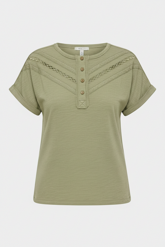 Doe and Rae Henley Dolman Short Sleeve Tee with lace trim, featuring a relaxed fit and delicate lace accents on the sleeves.