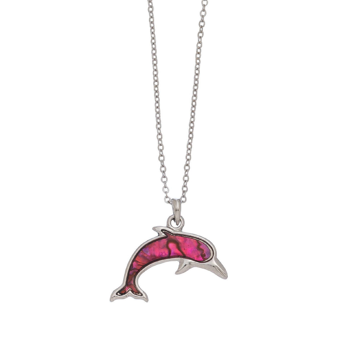 Abalone shell dolphin pendant necklace by Howard's, beach jewelry with a colorful dolphin charm on a silver chain