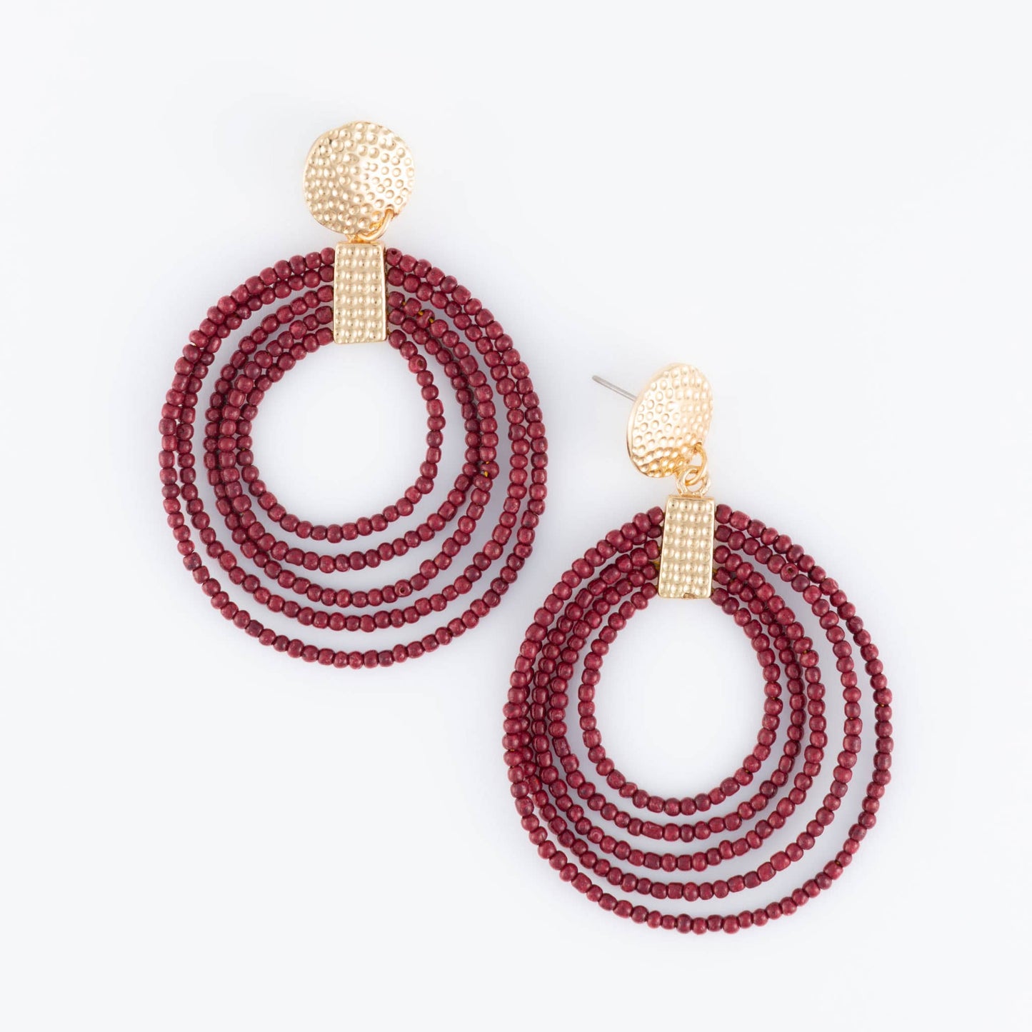 Nickel-free Howard's hoop seed bead drop earrings showcasing colorful seed bead design and silver-tone hoop style.