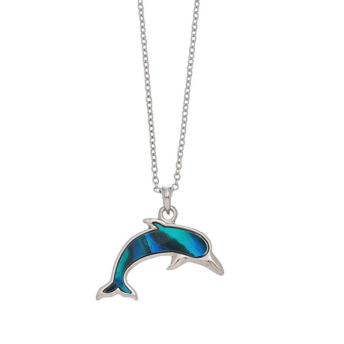 Abalone shell dolphin pendant necklace from Howard's, featuring a colorful dolphin design on a beach jewelry necklace.