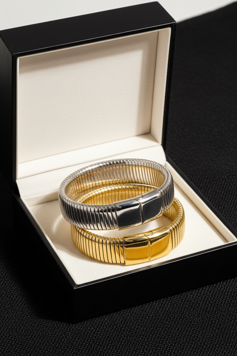 Christel 18K gold non-tarnish stripe bold bangle by Flanerie by MAIQ, featuring a sleek gold design with stripe accents.