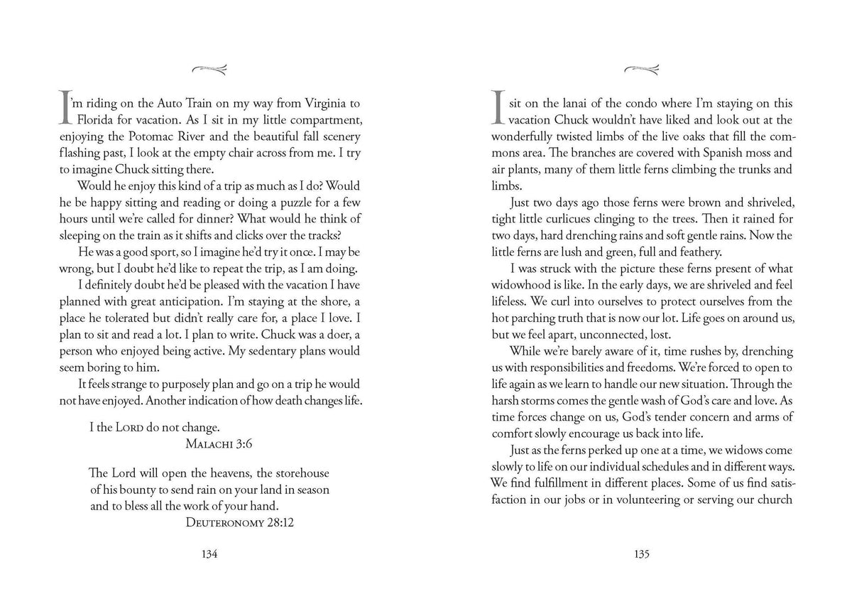 Hardcover copy of "A Widow's Journey" by Harvest House Publishers, featuring a soft, inviting cover design.