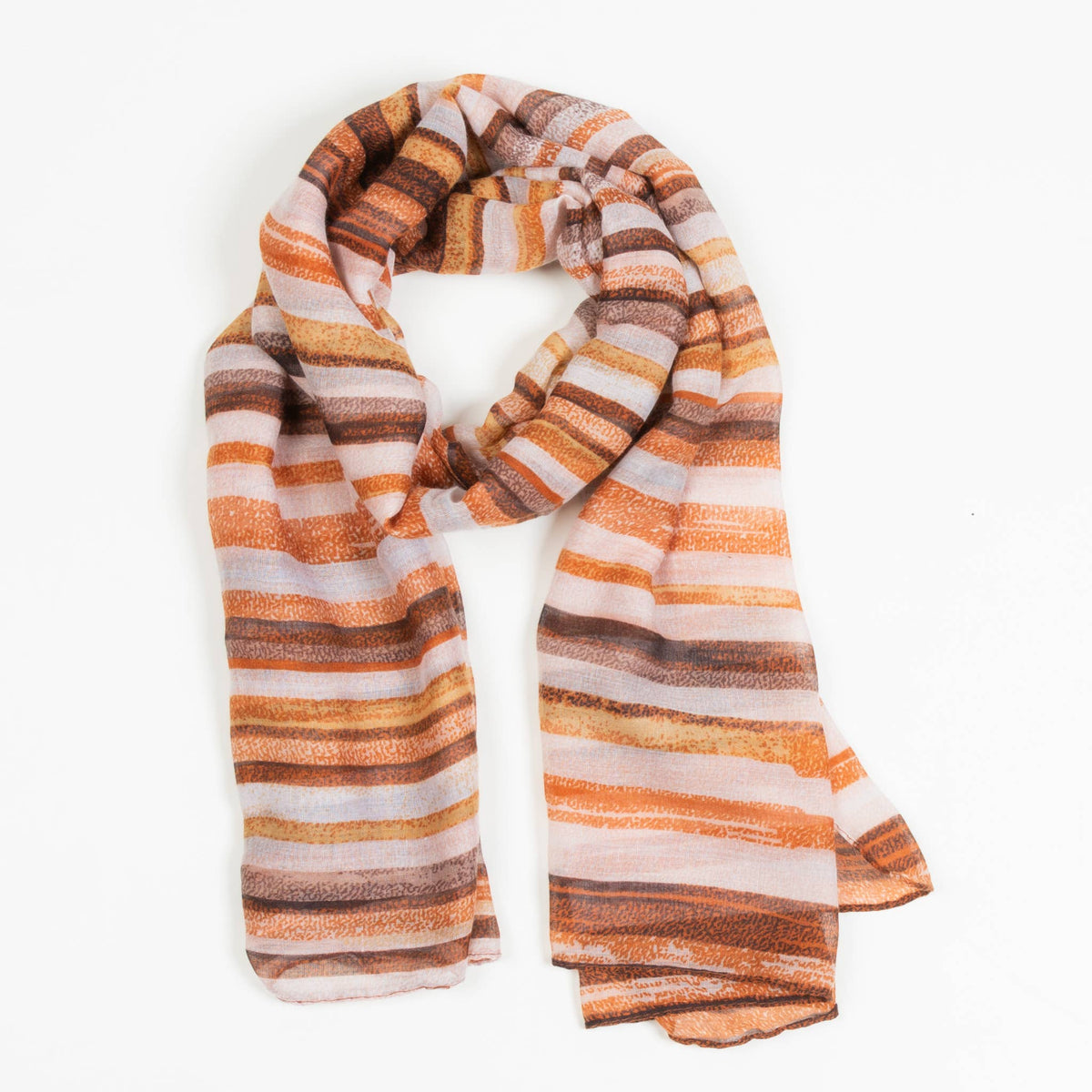 Howard's Dayton lightweight striped sheer scarf draped, showcasing its airy fabric and stylish multicolor stripe design.