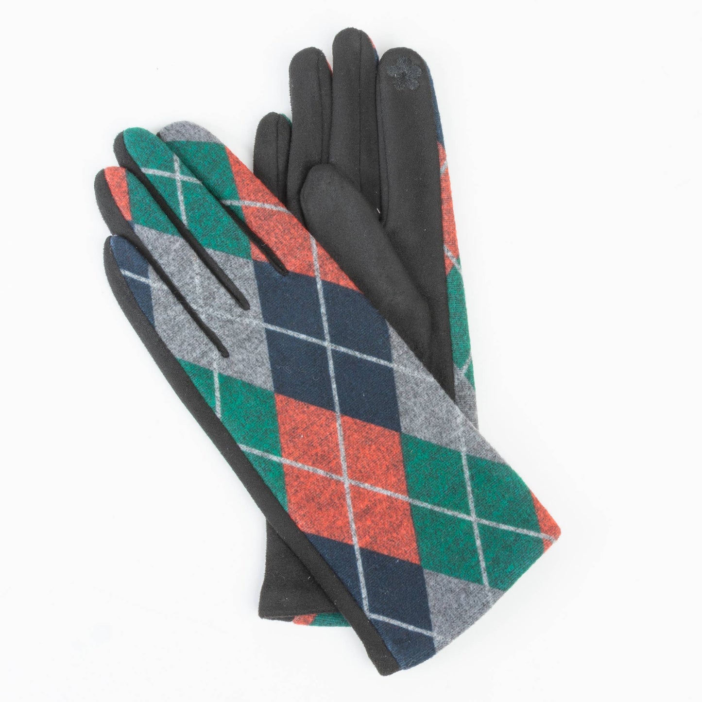 Howard's Clara Christmas plaid touchscreen texting gloves in soft touch fabric, with festive red and green plaid pattern
