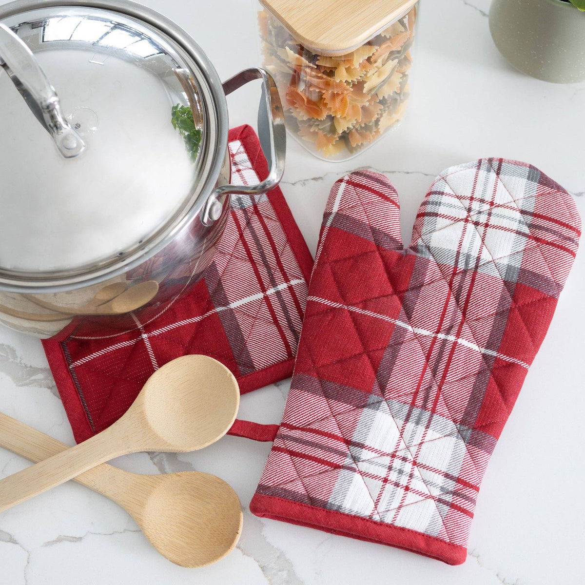 Howard's holiday Christmas plaid oven mitt and pot holder set, featuring festive red and green plaid fabric for kitchen safety.