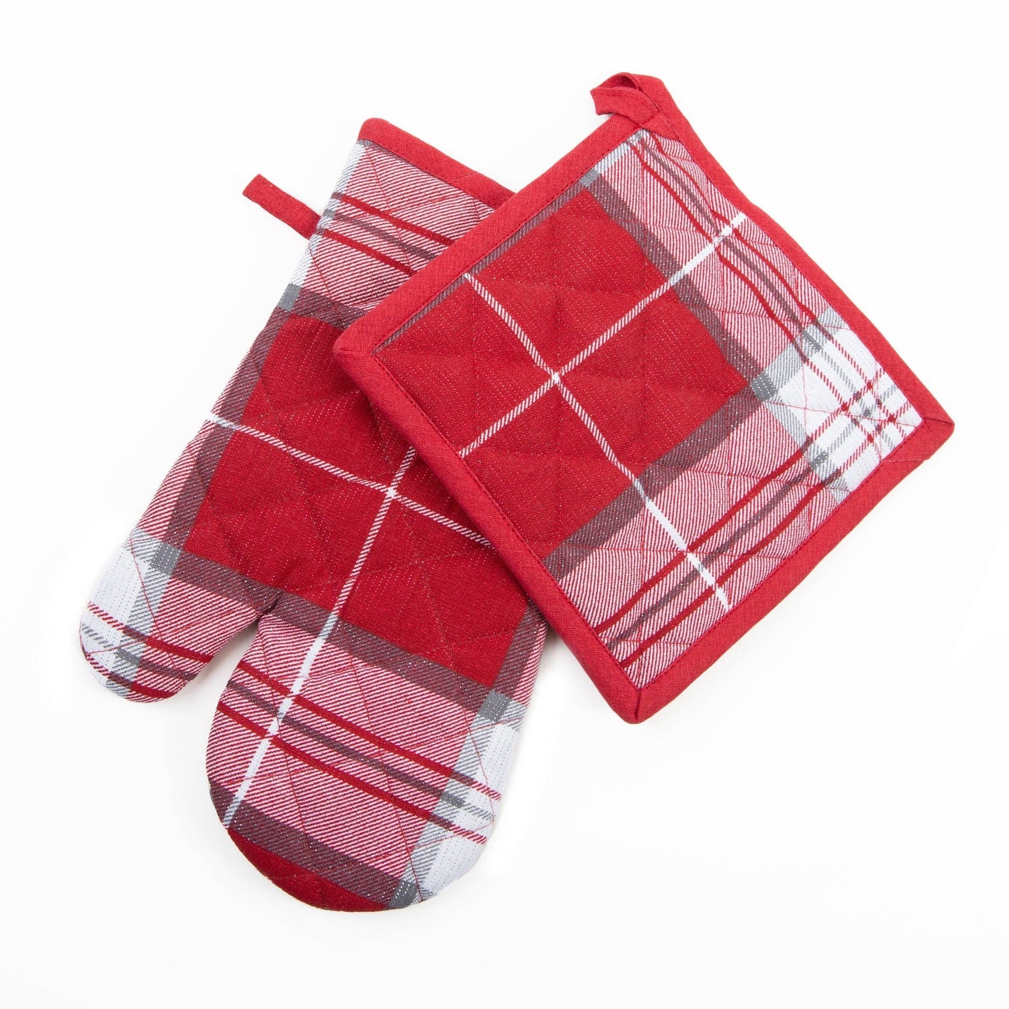 Howard's Christmas plaid oven mitt and pot holder set, festive holiday kitchen accessories with red and green plaid design.