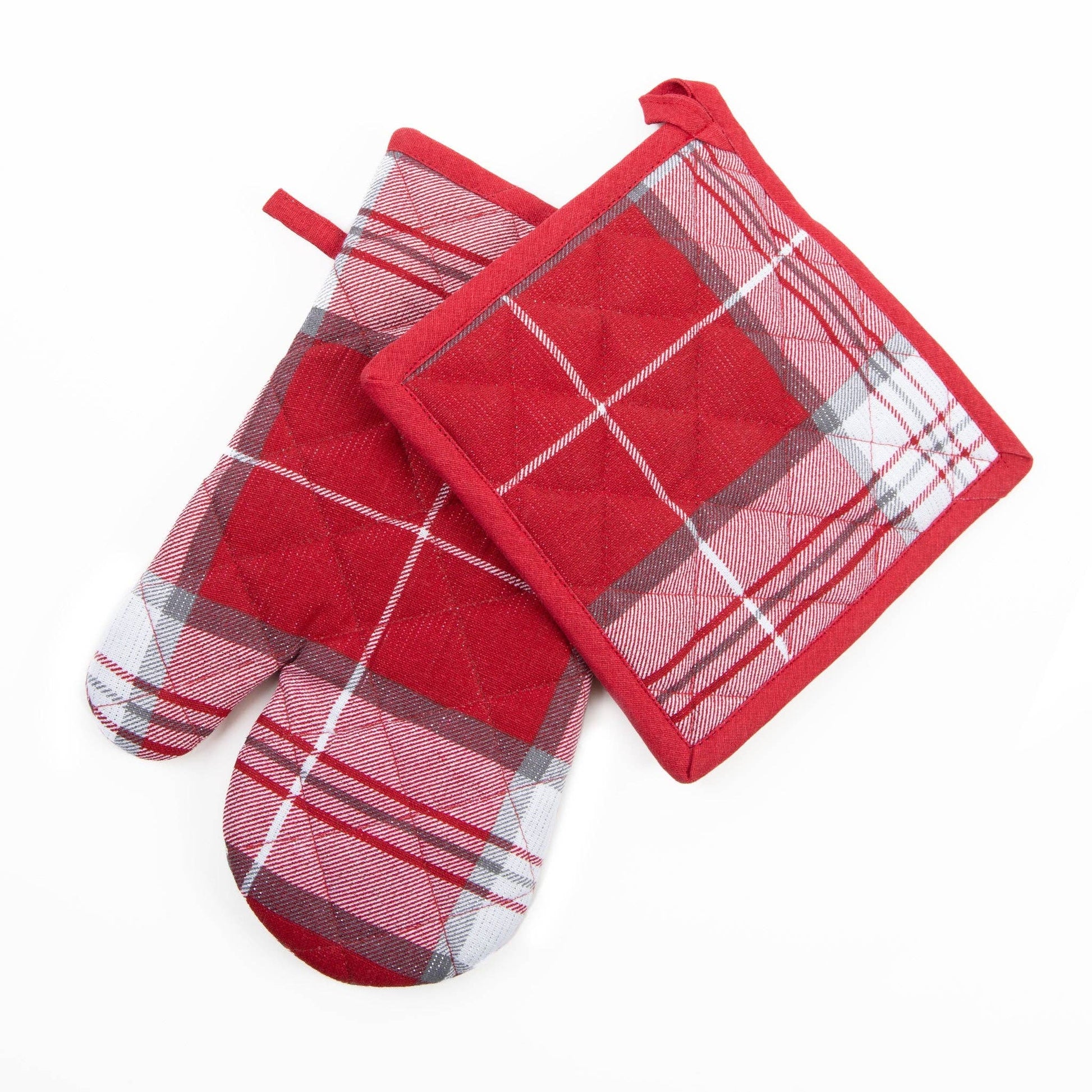 Howard's Christmas plaid oven mitt and pot holder set, festive holiday kitchen accessories with red and green plaid design.