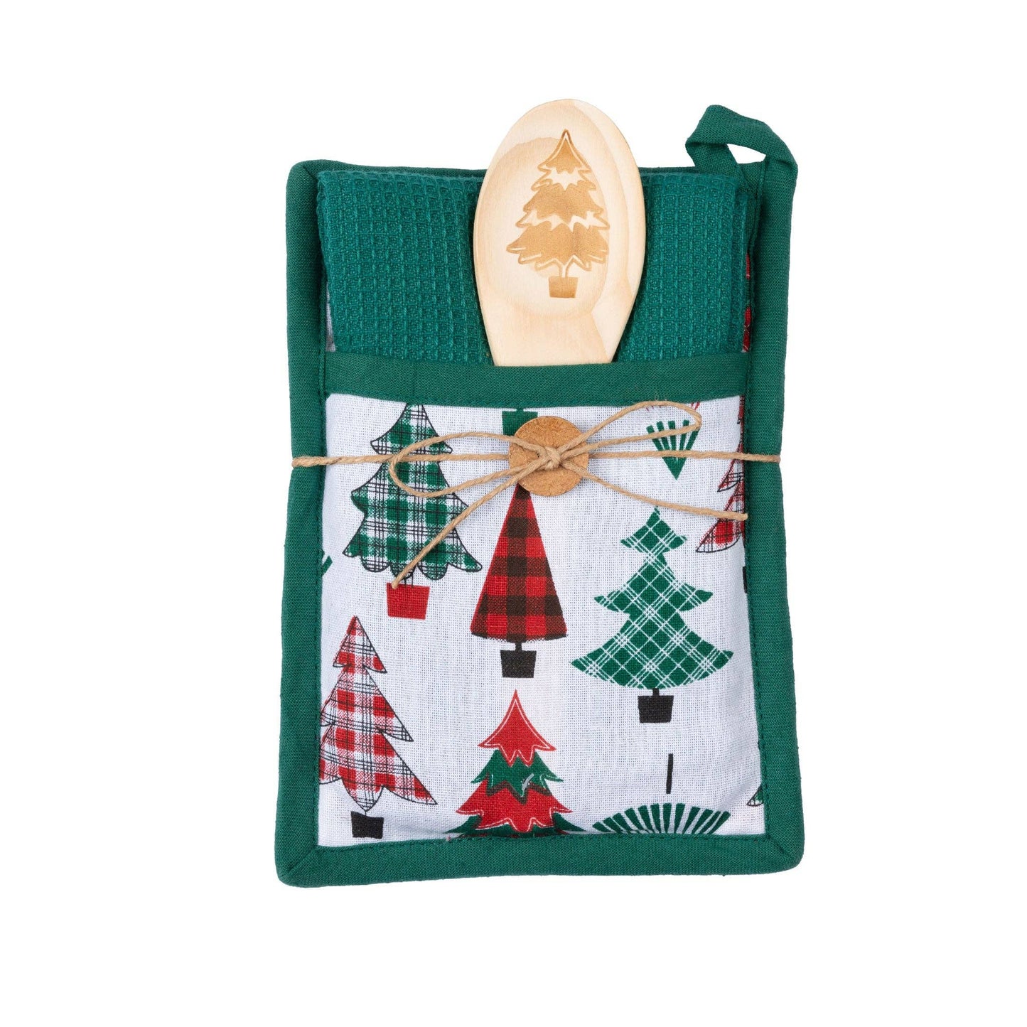 Howard's 3-piece candy cane stripe kitchen set with red and white holiday-themed dish towels and oven mitts.
